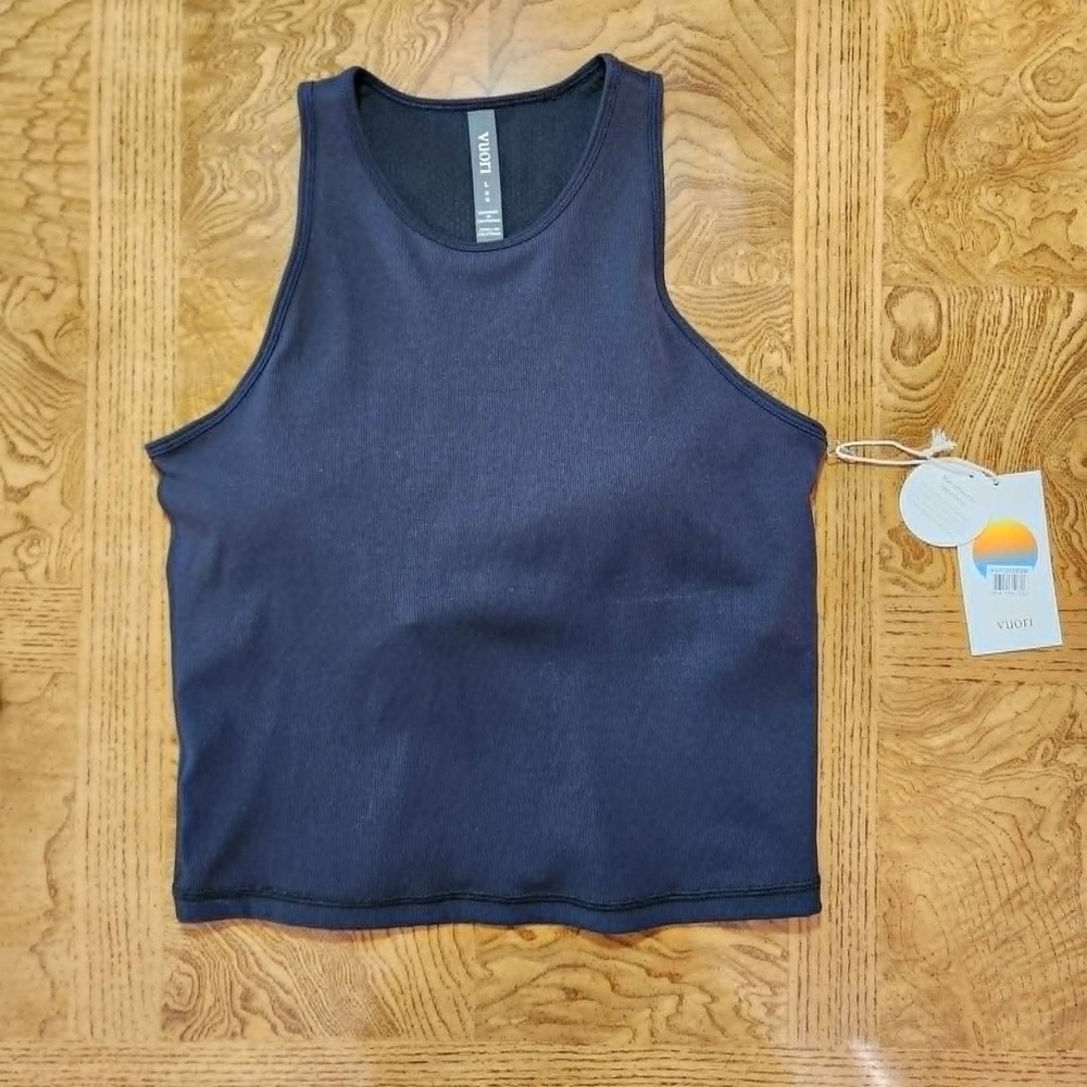 New Vuori Pose Plyo Black Ribbed Tank High Neck Built in Bra Large Black